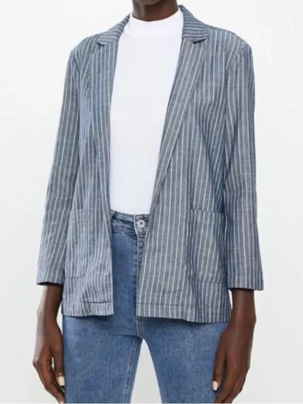 Cotton Pinstripe denim Open-Front Blazer Jacket